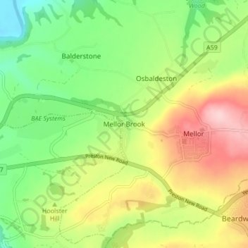 Mapa topográfico Mellor Brook, altitud, relieve