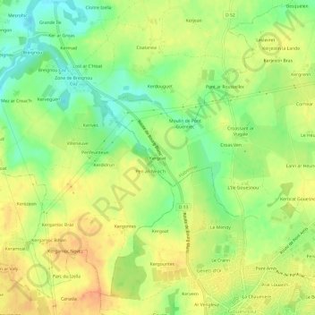 Mapa topográfico Kergoat, altitud, relieve