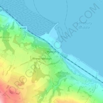 Mapa topográfico Mostyn, altitud, relieve