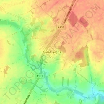 Mapa topográfico Great Leighs, altitud, relieve