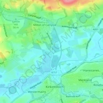 Mapa topográfico Birdston, altitud, relieve