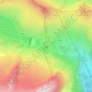 Mapa topográfico Passo Fedaia, altitud, relieve