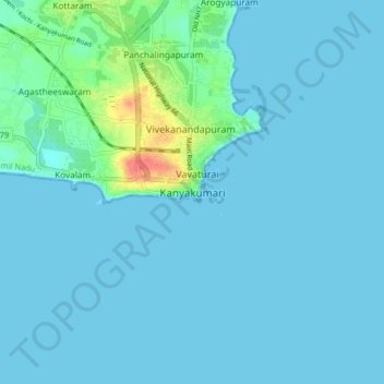 Mapa topográfico Kanyakumari, altitud, relieve