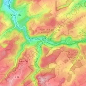 Mapa topográfico Urft, altitud, relieve