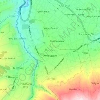 Mapa topográfico Benítez, altitud, relieve