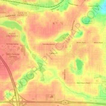 Mapa topográfico Oakwood, altitud, relieve