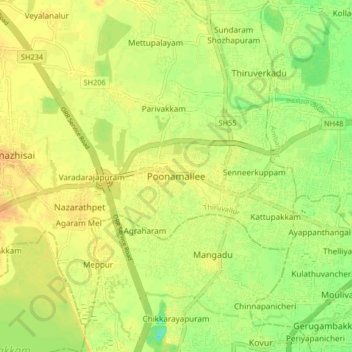 Mapa topográfico Poonamallee, altitud, relieve