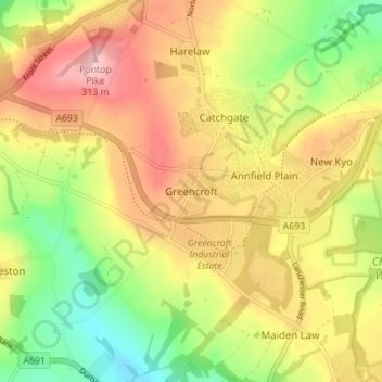 Mapa topográfico Greencroft, altitud, relieve