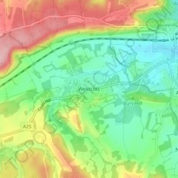 Mapa topográfico Westcott, altitud, relieve