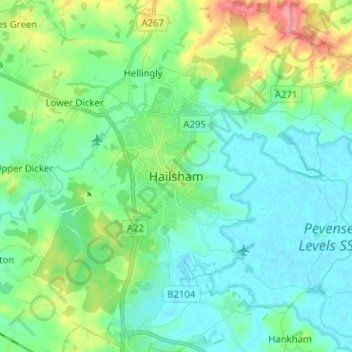 Mapa topográfico Hailsham, altitud, relieve