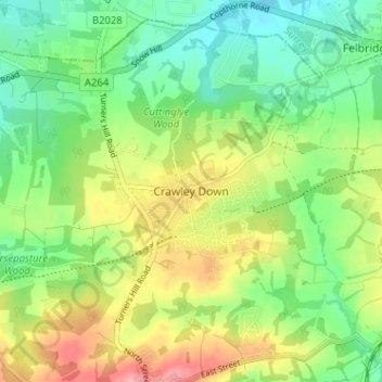 Mapa topográfico Crawley Down, altitud, relieve