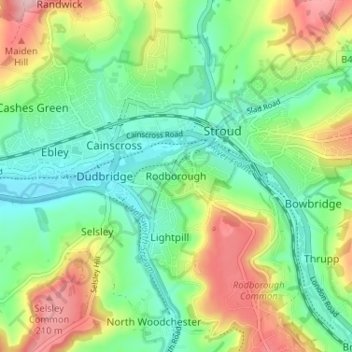 Mapa topográfico Rodborough, altitud, relieve