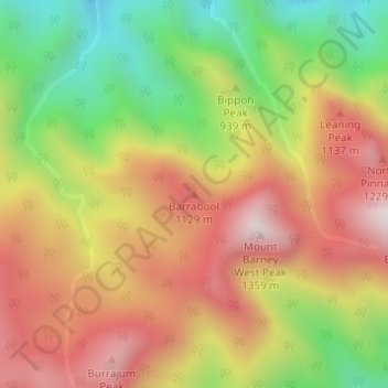 Mapa topográfico Barrabool, altitud, relieve