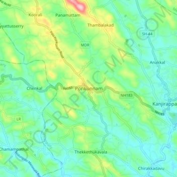Mapa topográfico Ponkunnam, altitud, relieve
