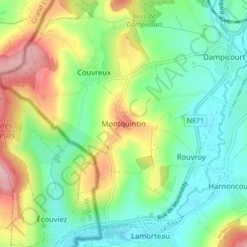 Mapa topográfico Montquintin, altitud, relieve