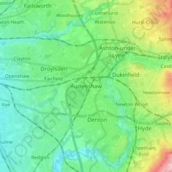 Mapa topográfico Audenshaw, altitud, relieve
