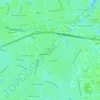 Mapa topográfico Princess Anne Plaza, altitud, relieve