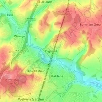 Mapa topográfico Digswell, altitud, relieve