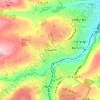 Mapa topográfico Oakworth, altitud, relieve