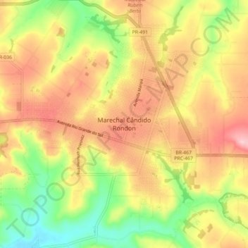 Mapa topográfico Marechal Cândido Rondon, altitud, relieve