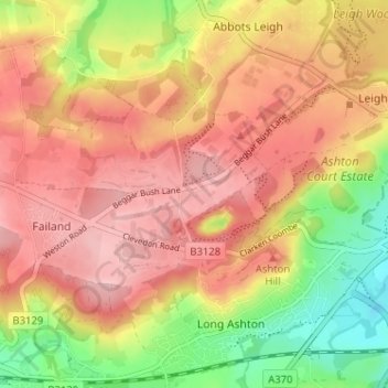 Mapa topográfico Audley Redwood, altitud, relieve