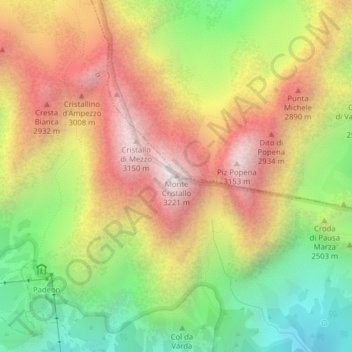 Mapa topográfico Monte Cristallo, altitud, relieve