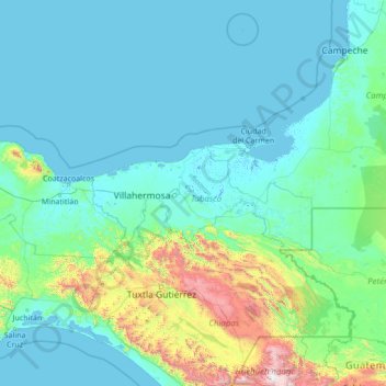 Mapa topográfico Tabasco, altitud, relieve