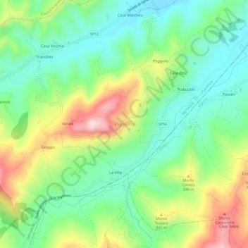 Mapa topográfico Vigoleno, altitud, relieve
