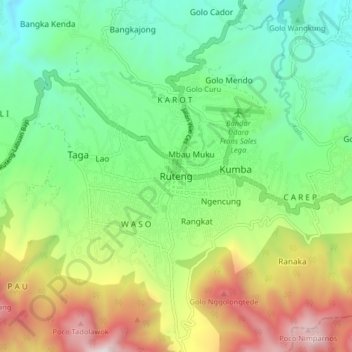 Mapa topográfico Ruteng, altitud, relieve