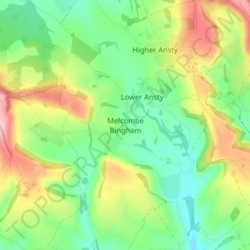 Mapa topográfico Melcombe Bingham, altitud, relieve