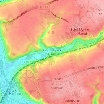 Mapa topográfico Gournay en Caux, altitud, relieve