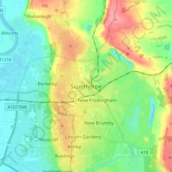 Mapa topográfico Scunthorpe, altitud, relieve