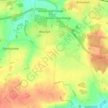 Mapa topográfico Woolpit Green, altitud, relieve