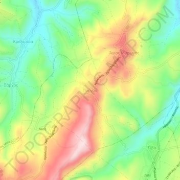 Mapa topográfico Pyrgou, altitud, relieve