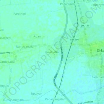 Mapa topográfico Kovilpattu, altitud, relieve