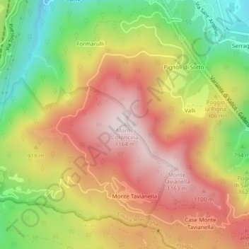 Mapa topográfico Monte Coroncina, altitud, relieve