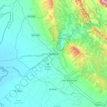 Mapa topográfico Jammu, altitud, relieve