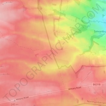 Mapa topográfico Greenhaugh, altitud, relieve