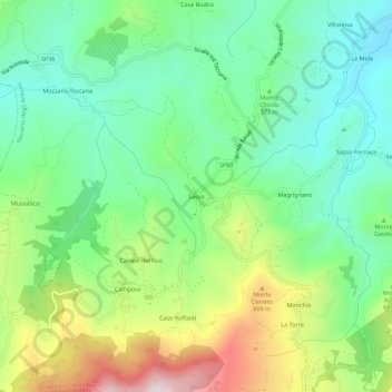Mapa topográfico Sasso, altitud, relieve