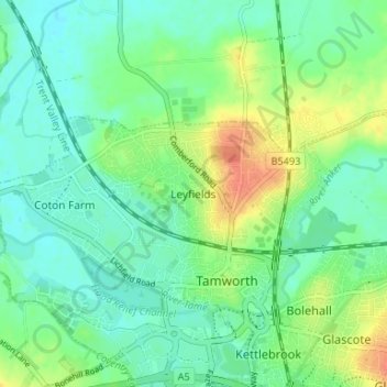 Mapa topográfico Leyfields, altitud, relieve
