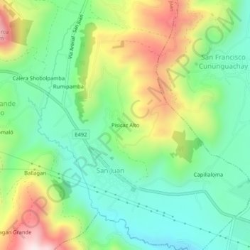 Mapa topográfico Pisicaz Alto, altitud, relieve