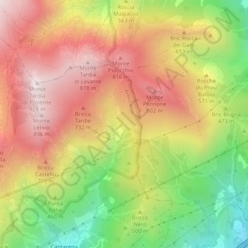 Mapa topográfico Paxio, altitud, relieve
