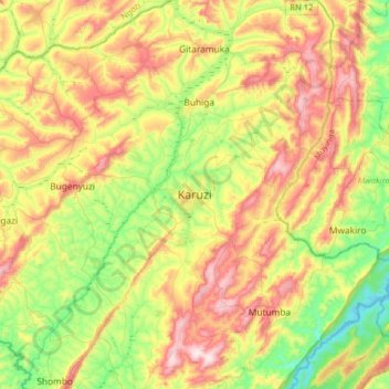 Mapa topográfico Karuzi, altitud, relieve