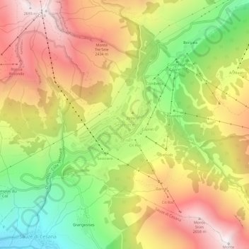 Mapa topográfico Sestrières, altitud, relieve
