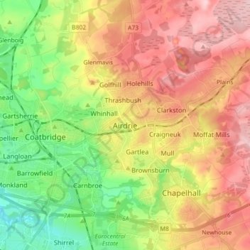 Mapa topográfico Airdrie, altitud, relieve