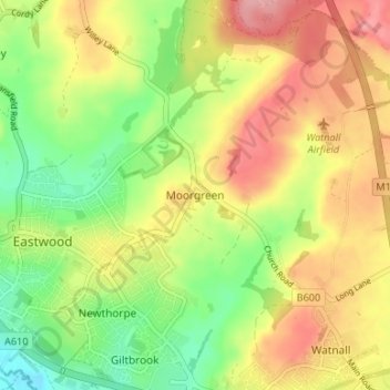 Mapa topográfico Moorgreen, altitud, relieve