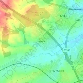 Mapa topográfico Ratby, altitud, relieve