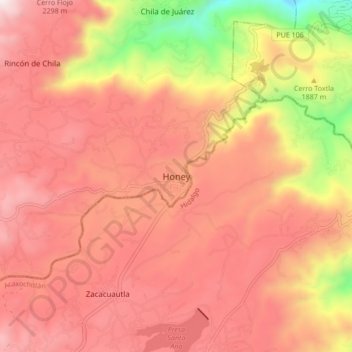 Mapa topográfico Honey, altitud, relieve