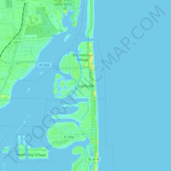 Mapa topográfico Surfside, altitud, relieve