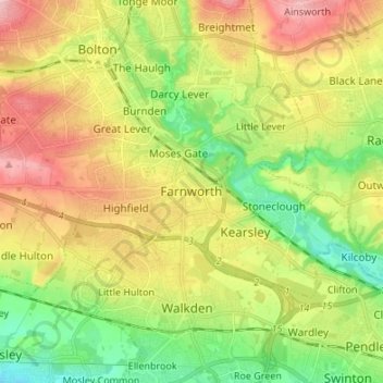Mapa topográfico Farnworth, altitud, relieve